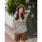 3/4-sleeve Floral T-shirt Gray - One Size