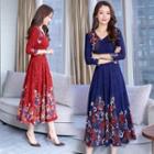 3/4-sleeve Floral Jacquard A-line Midi Knit Dress
