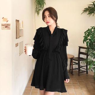 Tie-neck Ruffle-trim Dress Black - One Size