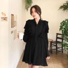 Tie-neck Ruffle-trim Dress Black - One Size