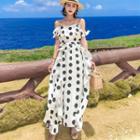 Short-sleeve Cold Shoulder Dotted Midi Dress