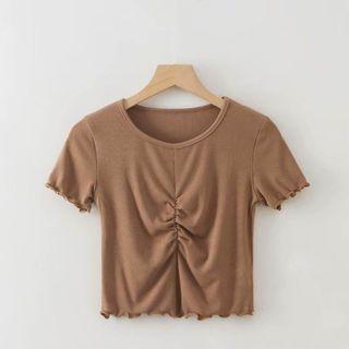 Plain Short-sleeve Frilled Crop Top
