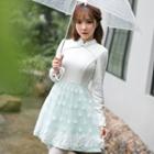 Lace Panel Stand-collar Long-sleeve Dress