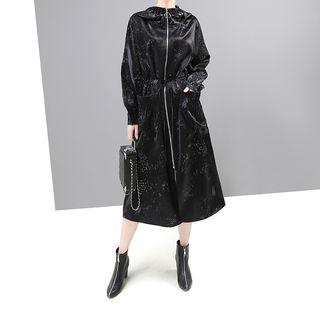 Zip Detail Printed Long-sleeve Midi Dress Black - One Size