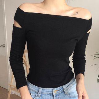 Off Shoulder 3/4 Sleeve Plain Knit T-shirt