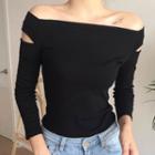 Off Shoulder 3/4 Sleeve Plain Knit T-shirt