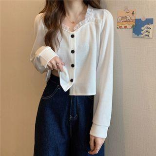 Long-sleeve Square-neck Frill Trim Top