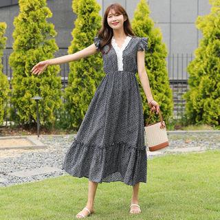 Frilled-sleeve Lace-detail Floral Print Dress