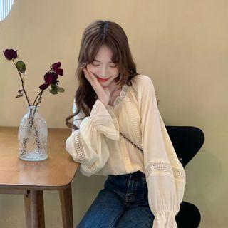 Long-sleeve Chiffon Plain Shirt Almond - One Size