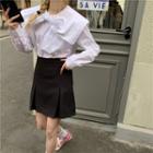 Long-sleeve Bow Blouse / High-waist Mini A-line Skirt