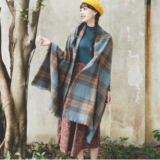 Plaid Shawl Blue & Orange - One Size