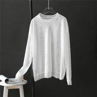 Plain Mesh Long-sleeve Top White - One Size