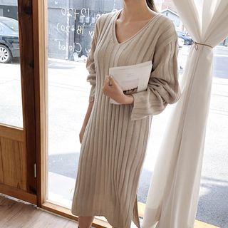 V-neck Midi Rib-knit Dress