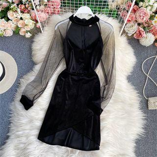 Mesh-panel Velvet Long-sleeve Dress