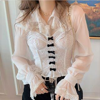 Lace Corset / Long-sleeve Blouse / Velvet Blazer / Mini Skort