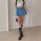 Pintuck Fray-hem Denim Miniskirt