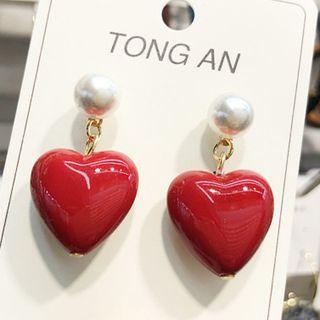Faux Pearl Acrylic Heart Dangle Earring Heart - Red - One Size