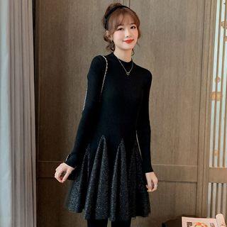Knit Panel Long-sleeve A-line Mini Dress