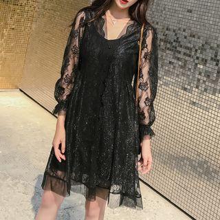 Set: Long-sleeve Lace A-line Mini Dress + Slipdress