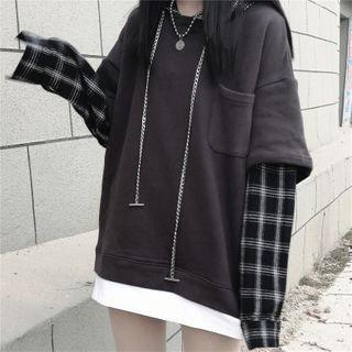 Mock Two Piece Plaid Loose-fit Sweatshirt