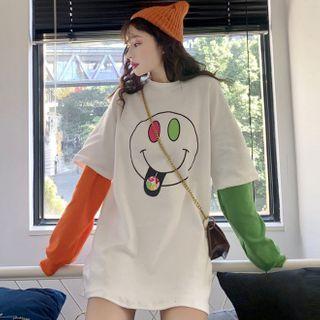 Long-sleeve Mock Two-piece Graphic Print T-shirt
