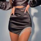 Asymmetric Skinny Satin Mini Skirt