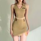 Two-tone Collared Crop Tank Top / Side-slit Mini Pencil Skirt