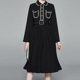 Contrast Trim Long-sleeve Pleated Dress