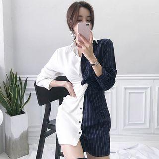 Long-sleeve Color Block Mini Shirtdress