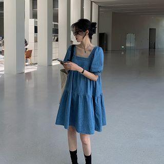 Puff-sleeve Square-neck Denim A-line Dress