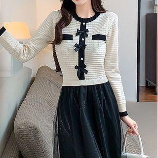 Long-sleeve Bow Midi Mesh Dress