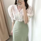 Elbow-sleeve Lace Top / Midi Pencil Skirt
