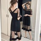 Set: Slipdress + Short-sleeve Sheer A-line Midi Dress