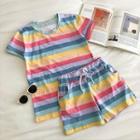 Set:color-block Crewneck Short-sleeve T-shirt + High-waist Shorts