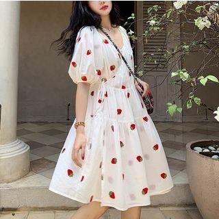 Short-sleeve Strawberry Patterned A-line Dress