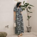Short-sleeve Slit-front Floral Print Maxi Dress