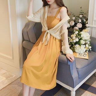 Set: Light Jacket + Sleeveless Smocked Midi Dress