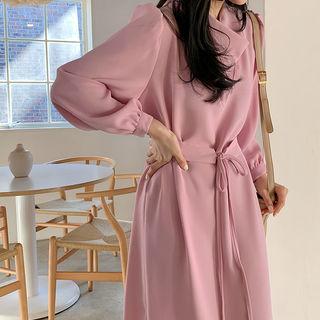 Shirred-neck Puff-sleeve Tie-waist Dress