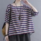 Elbow-sleeve Striped T-shirt Stripes - Blue & Red & Light Gray - One Size