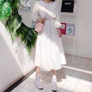 Sailor-collar Laced Long Dress With Sash