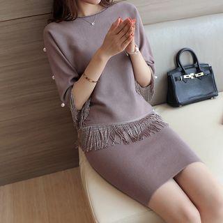 Set: Embellished Fringed Knit Top + Skirt