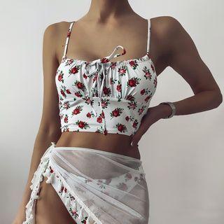 Set: Floral Tankini Top + Bottom + Cover-up