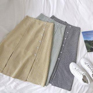 Color-block Plaid Single-breasted A-line Skirt