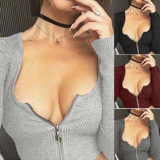 Zip Front Cropped Long-sleeve T-shirt