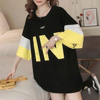 3/4-sleeve Lettering Color Block Long T-shirt