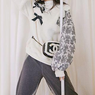 Long-sleeve Bow Plaid Panel Top