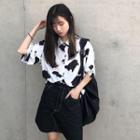 Elbow-sleeve Cow Print T-shirt As Shown In Figure - One Size