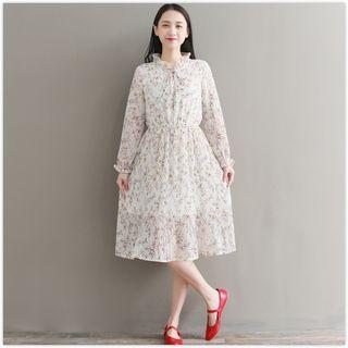 Long-sleeve Floral Print Midi Pleated Dress
