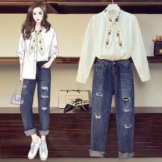 Set: Tie-neck Embroidered Shirt + Distressed Jeans