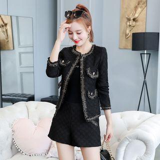Set: Contrast-trim Tweed Jacket + Wide-leg Shorts